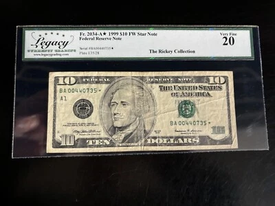 DBR 1999 $10 FRN Boston STAR Fr. 2034-A* Legacy VF-20 Serial BA00440735* - Image 1 of 2