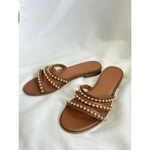 Coach Isa Brown Leather Gold Studded Slide Sandals Size 9 Classy Flats Authentic - Picture 1 of 5