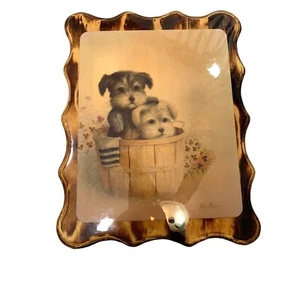 Vintage Decoupage Wall Plaque: Puppies In Bushel Bin With Towel Amid Pansies - Picture 1 of 12