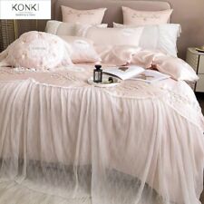 Luxury French Style Flower Embroidery Lace Lyocell Duvet Cover Bedding Set Pink