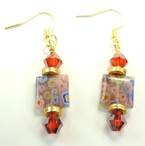 Earrings with Millifiori White Yellow Blue Flowers Red Crystal Handmade - Picture 1 of 1