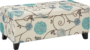 Breanna Fabric Storage Ottoman, White and Blue Floral - Picture 1 of 9