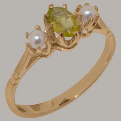 Solid 9ct Rose Gold Natural Peridot & Pearl Womens Trilogy Ring - Sizes J to Z - Image 1 of 4