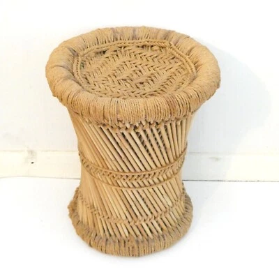 Pencil Reed Bamboo Stool Plant Stand Vintage MCM Boho Woven 14" - Image 1 of 4