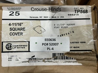 1- Box of 25 Cooper Crouse-Hinds 4 11/16" Square Cover Metal TP568 New Old Stock