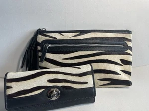 JONES BOOTMAKER BLACK LEATHER ZEBRA PRINT PONY HAIR CLUTCH BAG MATCHING PURSE - Picture 1 of 6