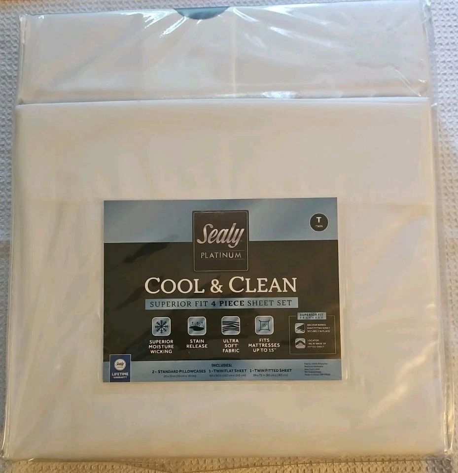 SEALY PLATINUM TWIN COOL & CLEAN AJUSTE SUPERIOR 4 PIEZAS JUEGO DE SÁBANAS DOBLES NIP, LP $34 Foto 1 de 1