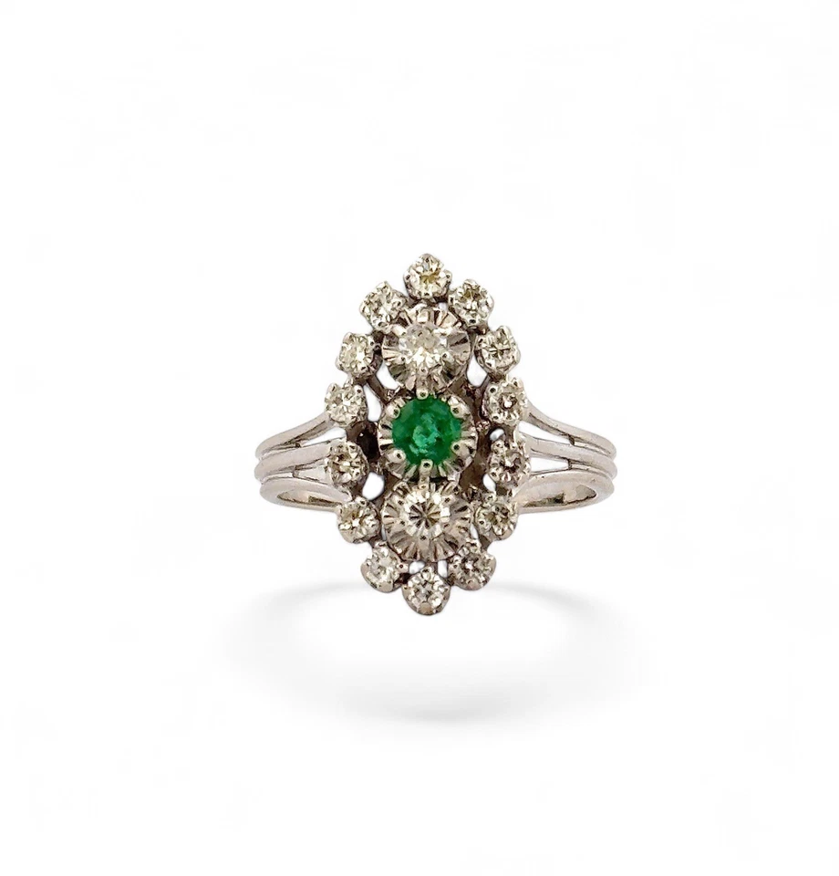 Joya Antigua Anillo Marquesa Oro 18 Quilates Diamantes Y Esmeralda T54 Ajustable - Imagen 1 de 4