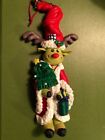 Festive Reindeer Ornament Holding a Christmas Tree and Gift. Excellent Condition
