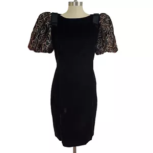 Vtg 80s 90s Jessica Howard Black Velvet Puff Sleeve Party Dress Gold Cocktail 12 - Picture 1 of 15