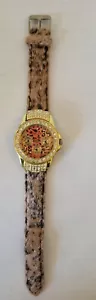 Ladies Miller Fashion Watch Fabric Cheetah Print Wristband Faux Diamond Accents - Picture 1 of 7