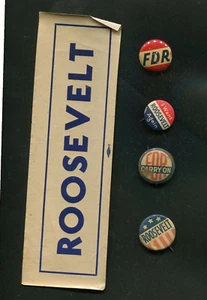 FRANKLIN D ROOSEVELT PRESIDENTIAL CAMPAIGN GUMMED STICKE & 4 DIFF. PINBACKS - Picture 1 of 2