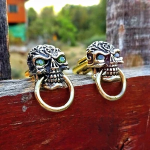 Biker Green Eye Tribal Skull Cufflinks 90s Vintage Handmade by Artist - Picture 1 of 3