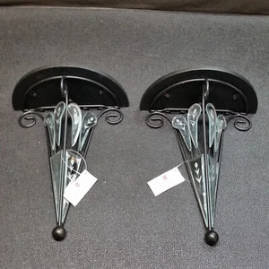 Set Of 2 Home Interiors Beveled/ Etched Glass Mirrored Wood & Iron Wall Shelves - Picture 1 of 9