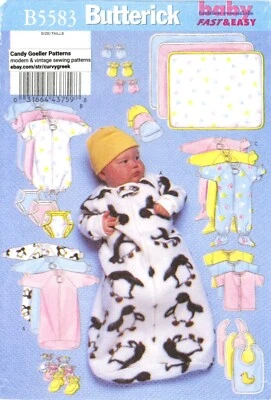 Butterick B5583 Infant Sleep Sack, Jumpsuit, Gown, Hat, Mittens, Booties Sz L-XL - Image 1 of 3