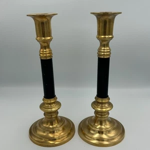 Vintage Brass & Black Candlesticks Candle Holders 11" Matching Pair Round Base - Picture 1 of 13