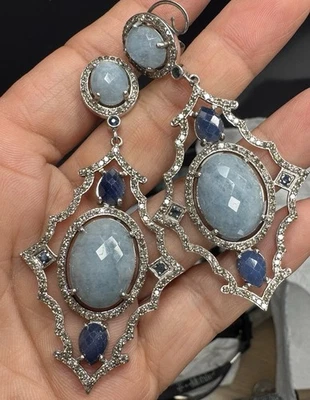 Huge earrings natural diamonds blue stones silver earrings - Image 1 of 4