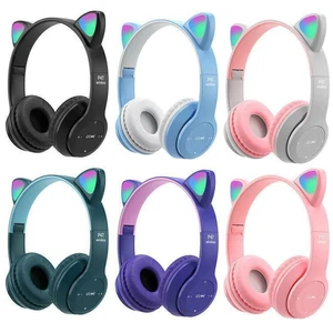 Children Kids Cat Ear Headphones Wireless Bluetooth Headset LED Lights Earphone - Picture 1 of 21