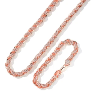 Set catena e bracciale in corda con zirconi ghiacciati placcati oro rosa da uomo 9 mm gioielli hip hop - Foto 1 di 15