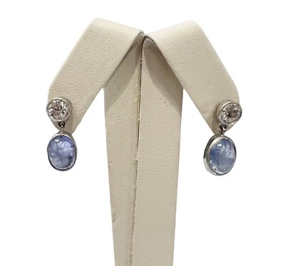 LINDO! Brincos pendentes de gota cabochão de platina safira e diamante 0,75" - Imagem 1 de 4