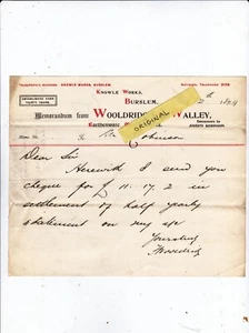 1899 WOOLDRIDGE & WALLEY KNOWLE WORKS BURSLEM STAFFS POTTERY POTTERIES MEMO - Picture 1 of 1