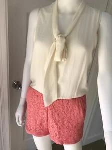 Forever 21 Womens Romper Short White & Pink Elastic Waist Button Down Tie Lace S - Picture 1 of 11