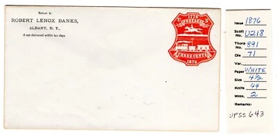 Exposition Centennial Entire U218  UPSS #643  F/VF Open Flap  Thorp 891 Die 71 - Image 1 of 2