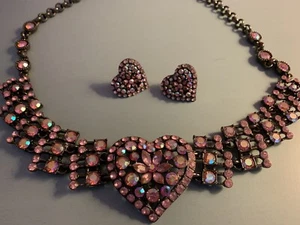 Suzanne Somers Pink Tourmaline Rhinestone Heart Necklace & Earrings Set - Picture 1 of 8