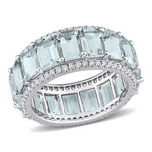Amour 14k White Gold Emerald-cut Aquamarine and Diamond Eternity Ring - Size 7 - Picture 1 of 6