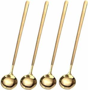 4 Pc Coffee Tea Stirring Spoons Long Handle Gold Stainless Steel Mirror Polished - Picture 1 of 7