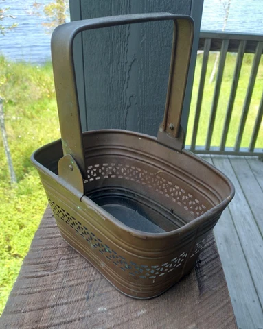 Vintage Pierced Copper Rectangular Storage Basket w/ Handle Cover