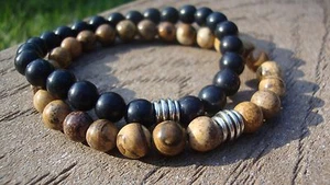 Picture Jasper and Black Stone Gemstone 8mm Beaded stretch Bracelet Set of 2 USA - Picture 1 of 11