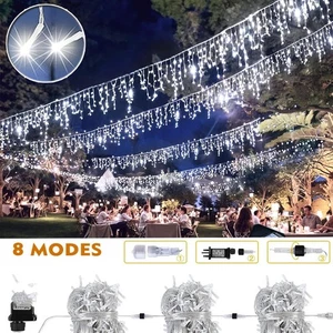 LED Eisregen Lichterkette mit Timer-Funktion Außen Innen Weihnachtsbeleuchtung - Bild 1 von 34