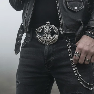 Uomo Donna Argento Cintura Fibbia Teschio Scheletro Grande Ovale Yoga Ossa Corpo - Immagine 1 di 4