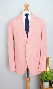 New HACKETT MAYFAIR Red + White Seersucker Jacket Size 44R/54R XL Linen Striped - Picture 1 of 16