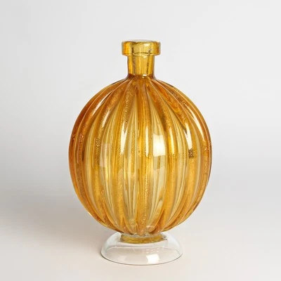 Murano Glas Vase Kugelform Cordonato D'oro 1970-80 Gelborange Venedig Italien - Bild 1 von 4
