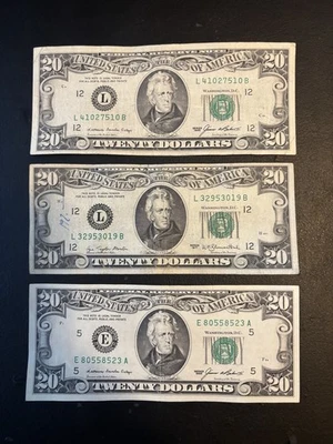 Three Small Head $20 bill (Series 1985, Series 1985, and Series 1977. - Image 1 of 2