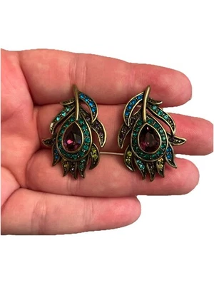 Signed Heidi Daus Pretty As A Peacock Multicolor Crystal Clip Earrings - Image 1 of 4
