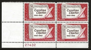 US Scott #1230, Plate Block #27432 1963 Carolina Charter 5c FVF MNH Lower Left - Picture 1 of 1