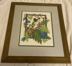 Vintage Kreuzstich Regen Wald Frosch bunt Baum Frosch gerahmt 16-1/2”H x 14”B - Bild 1 von 12