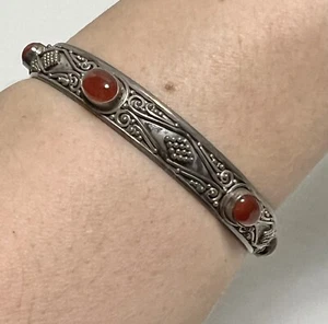 925 Sterling Silver Vintage Real Carnelian Gemstone Ethnic 8” Bangle Bracelet - Picture 1 of 10