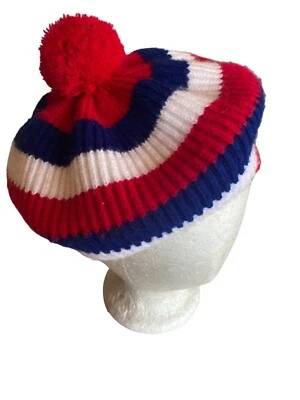 Vintage 1970's Red White Blue Knit Pom Pom Beret One Size - Image 1 of 4