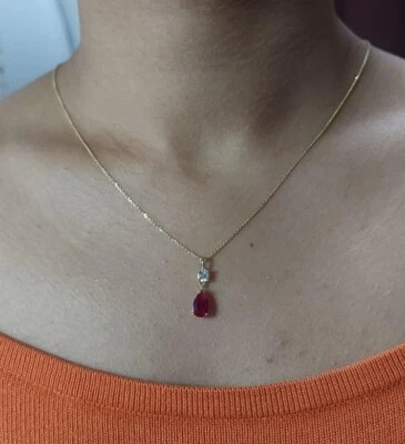14Kt Gold Created Ruby Teardrop & Lab Grown Diamond Pendant - Image 1 of 4