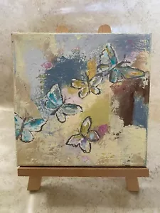 Mini Canvas 8x8 Original Acrylic Art with easel butterflies Abstract Handmade - Picture 1 of 8