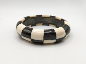 Vintage Black & White Bone / Horn Inlay Bangle Bracelet 8"