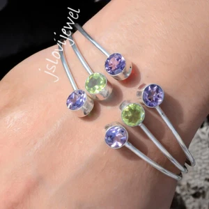 Amethyst Cut & Faceted Peridot Gemstone 925 Sterling Silver Bangle Cuff For Love - Picture 1 of 5