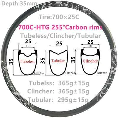700C 35毫米x25毫米碳纤维公路自行车轮辋夹无内胎管状自行车车轮 — 第 1/4 张图片