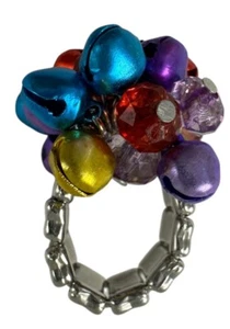 Jingle Bell Stretch Ring Beaded Dinner Silver Tone Multicolor Boho Festive* - Picture 1 of 10