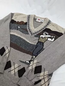 Cotton Traders Knit Sweater Men’s M Gray & Beige Golf Embroidered 90s Textured - Picture 1 of 8