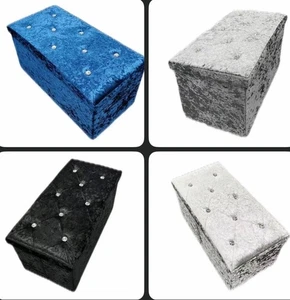 Foldable2 Seater Crush Velvet Diamante Ottoman Storage Rectangle Toy Box Chest - Picture 1 of 1